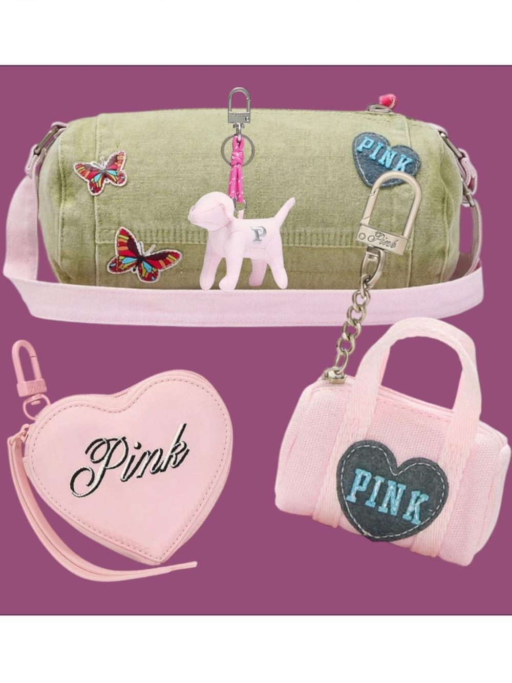 PINK Seaglass Heritage Patch Canvas Rolled Duffle Shoulder Bag 4 Piece Bundle